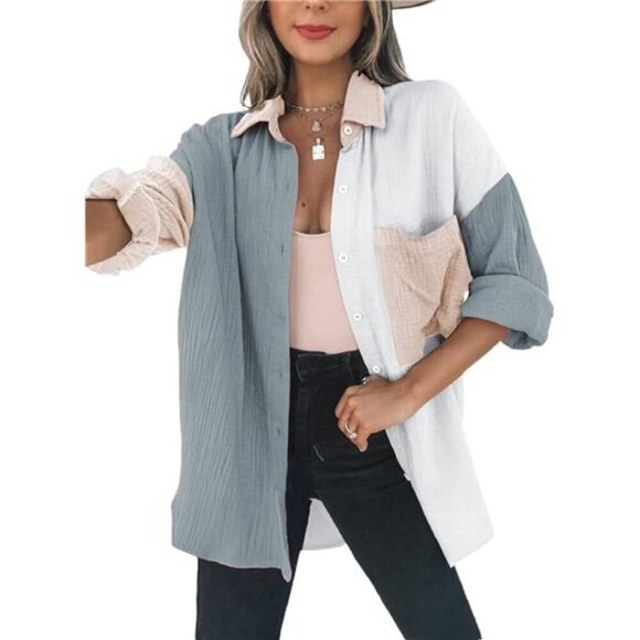 Color Block Button Down Long Sleeve Boyfriend Blouse Top